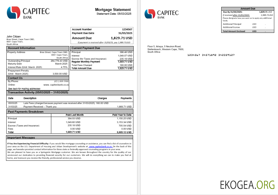 Relevé hypothécaire de la banque Capitec en Afrique du Sud aux formats Word et PDF